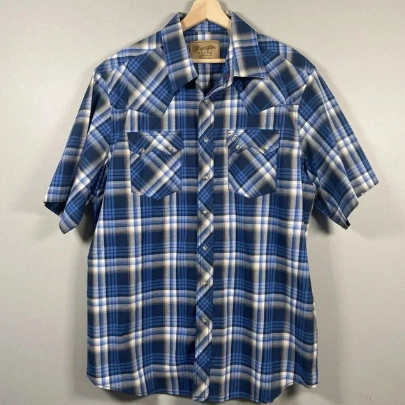 Wrangler Other - Wrangler Retro Western Shirt Pearl Snap Short Sleeve Blue Plaid Size XL Tall New